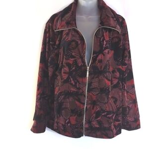 Style &  Co Sport Zip Up Velvet Top Red Purple Black Pattern Size XLP